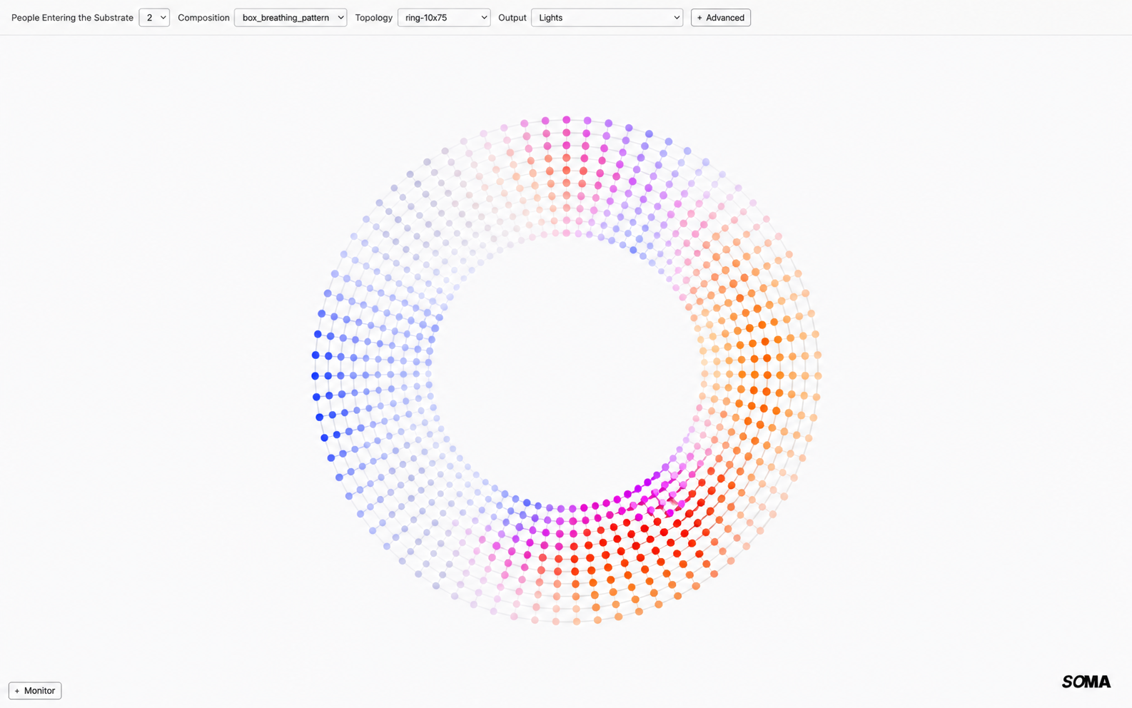 SOMA web interface showing a live light-output composition on a ring topology.